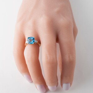 Blue Topaz and Diamond Ring Gold 14k, Cushion Cut Blue Topaz Ring, Cocktail Ring image 6