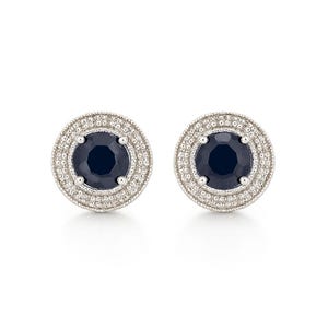 Sapphire and Diamond Halo Stud Earrings Gold 14k, Blue Sapphire Round Earrings