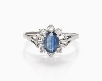 Vintage Sapphire and Diamond Solitaire Ring Gold 10k, White Gold Blue Sapphire Ring, Vintage Jewelry
