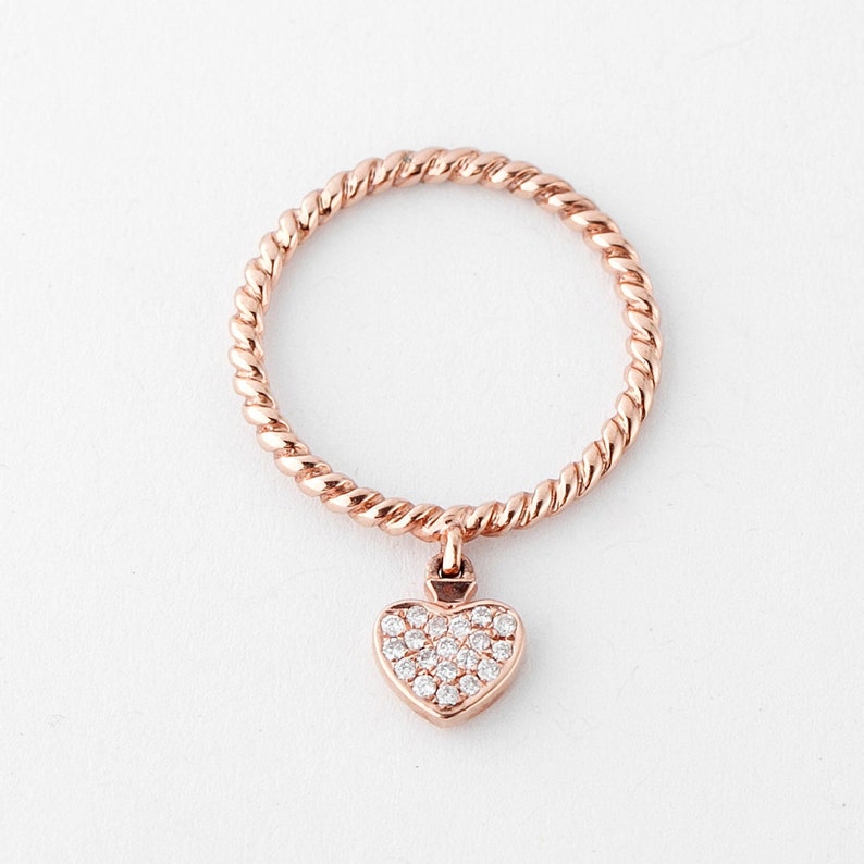 Dancing Diamond Braided Dangle Heart Ring Gold 10k, Rose Gold Heart Band Ring, Dainty Ring image 1