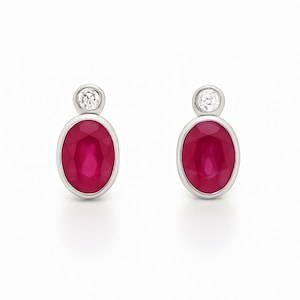 Ruby and Diamond Oval Stud Earrings Gold 14k, Red Ruby Bezel Earrings