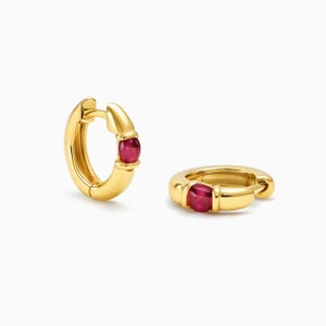 Small Ruby Hoop Earrings Gold 14k, Yellow Gold Huggie Earrings, Tiny Hoops