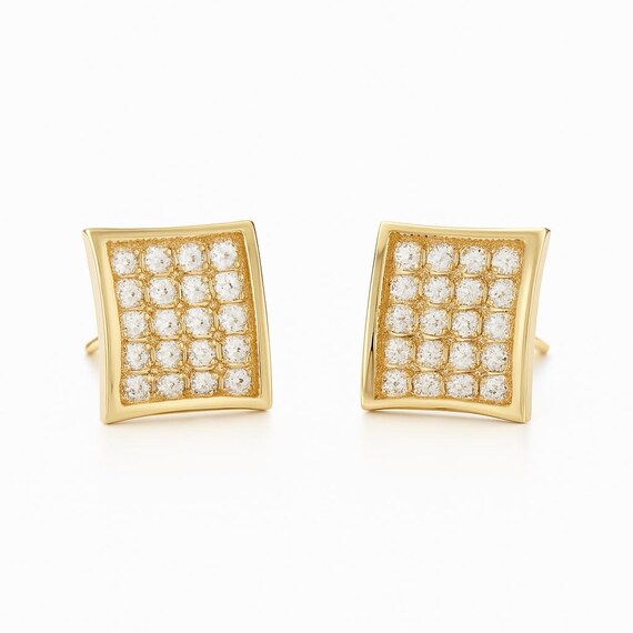ダイヤモンドスタッドピアス　14k スクエアピアス スクエアパヴェダイヤモンドスタッドピアス ゴールド 10K、イエロー