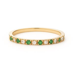 Alternating Diamond Gemstone Band Ring Gold 14k, Ruby Sapphire Emerald Stacker