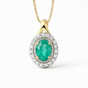 Emerald and Diamond Pendant Gold 10k, Yellow Gold Necklace, May Gemstone
