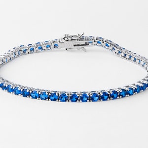 Blue Sapphire Bracelet Silver 925, Silver Tennis Bracelet, Blue Gemstone