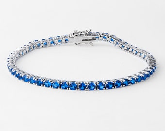 Bracelet saphir bleu en argent 925, bracelet tennis en argent, pierre précieuse bleue