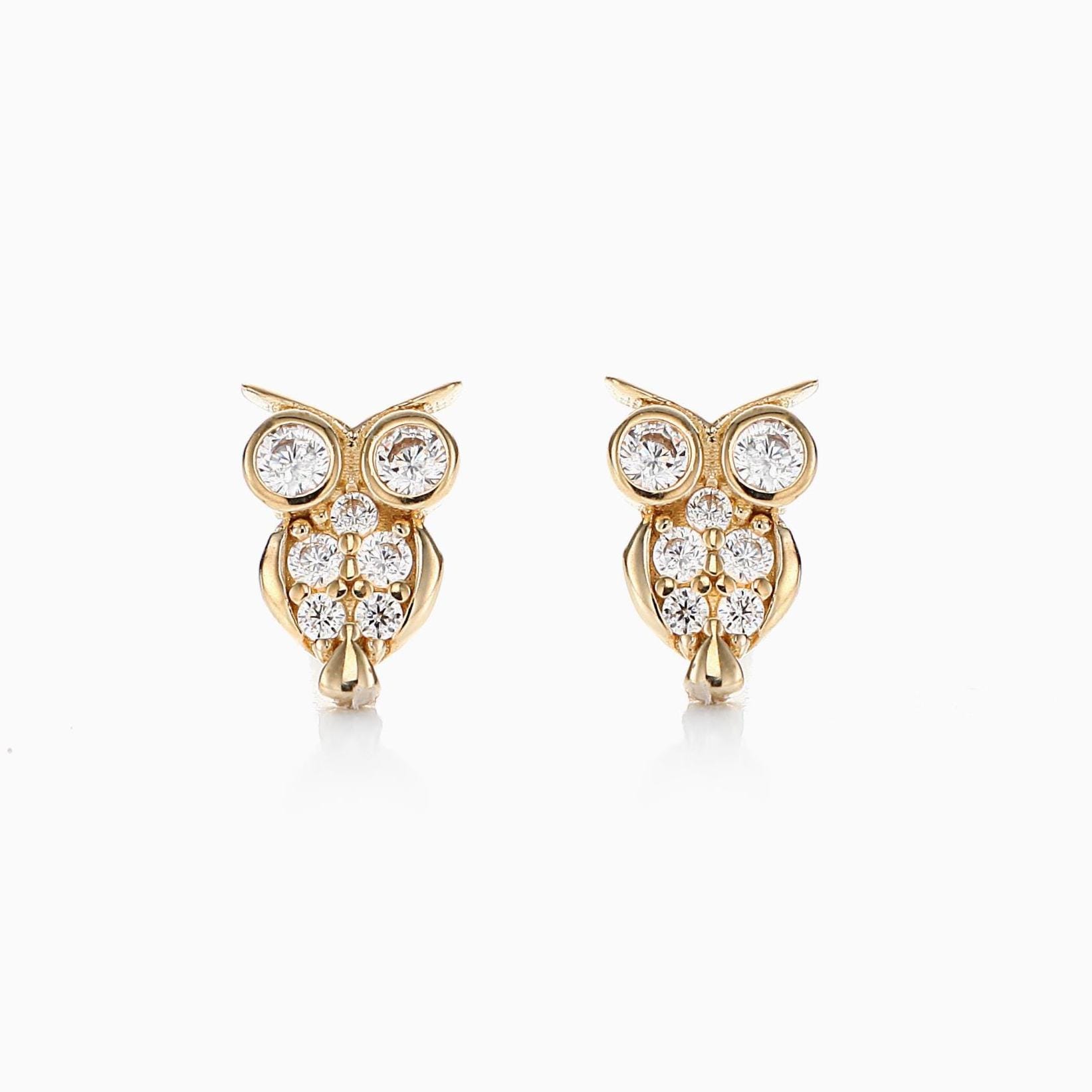 Diamond Owl Earrings Gold 10k, Yellow Gold Bird CZ Stud Earrings