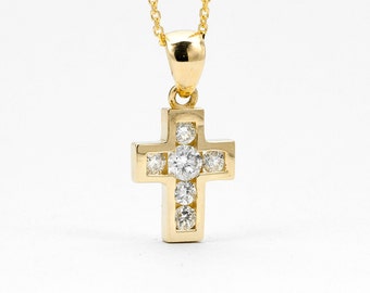 Diamond Minimalist Cross Pendant Gold 14k, Channel Set Diamond Cross Necklace, Yellow, White, Pink