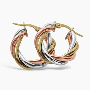 Braided Hoop Earrings Gold 10k, 3 Tone Braid Hoops, Yellow, White, Pink