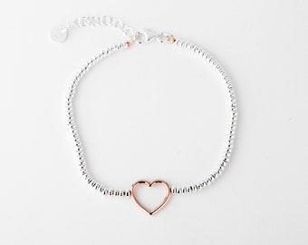 Silver and Rose Gold Heart Bead Bracelet, 925 Bead Bracelet, Extendable