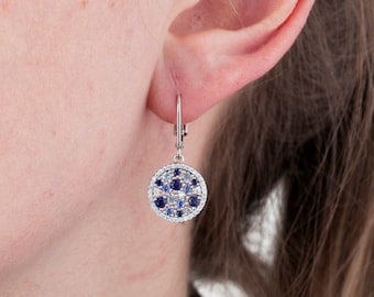 Diamond And Sapphire Dangle Earrings 925 Silver, Blue Gemstone, Long Silver Earrings, White Gold