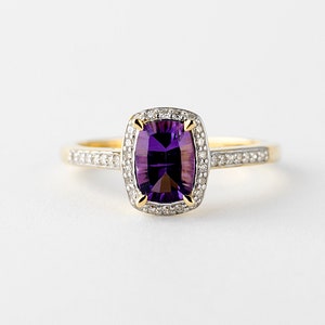 Diamond And Amethyst Ring Gold 10k, Amethyst Emerald Cut Solitaire Ring, Lady's Rings image 2