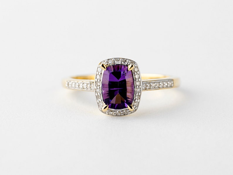 Diamond And Amethyst Ring Gold 10k, Amethyst Emerald Cut Solitaire Ring, Lady's Rings image 2