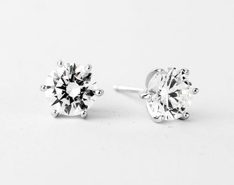 Diamond 6 Prong Classic Stud Earrings 925 Silver, White Gold Earrings