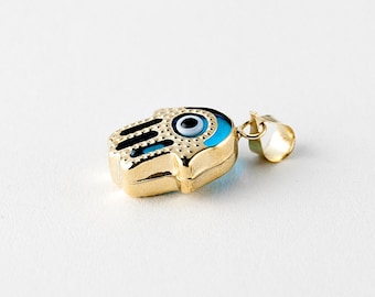 Small Puffed Hamsa Evil Eye Pendant Gold 10k, Yellow Gold Charm, Blue Jewelry