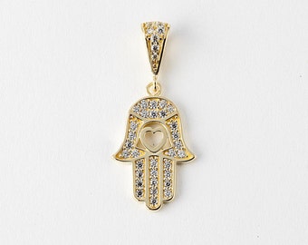 Diamond Hamsa Pendant Gold 10k, Fatima Charm Necklace, Cz Jewelry