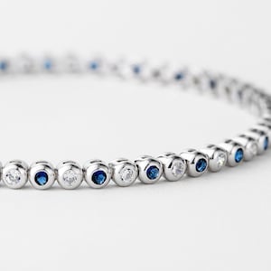 Sapphire and Diamond Bracelet Silver 925, Bezel CZ Tennis Bracelet, Blue Gemstone Ladies Bracelet