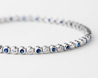 Sapphire and Diamond Bracelet Silver 925, Bezel CZ Tennis Bracelet, Blue Gemstone Ladies Bracelet