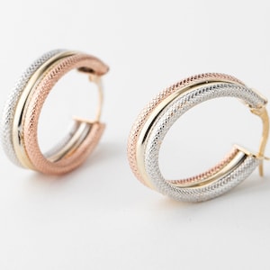 3 Row 3 Tone Oval Hoop Earrings Gold 10k, Three Tone Hoops, Large Earrings