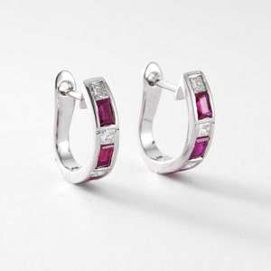 Ruby and Diamond Hoop Earrings Gold 14k, White Gold Huggie Earrings