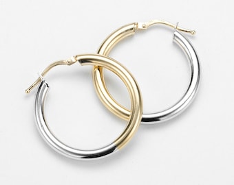 Simple 2 Tone Hoop Earrings Gold 10k, Medium Hoops, Yellow Gold Earrings