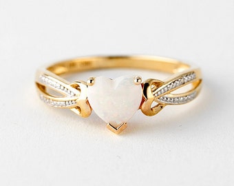 Diamond And Heart Shaped Opal Ring Gold 10k, White Opal Solitaire Ring, Lady's Rings