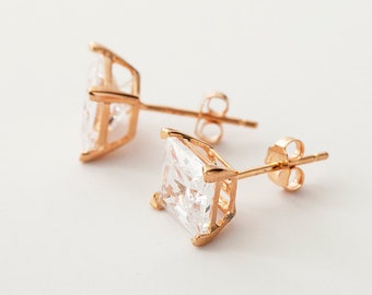 Square Stud Earrings Silver, Princess Diamond Studs, White Gold Studs, Yellow Gold Studs, Pink Gold Studs, Silver Earrings, Diamond Earrings