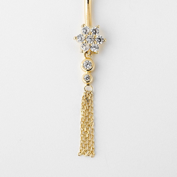 Dangle Flower Tassel Belly Ring Solid Gold 14k, Body Jewelry, Cz Heart Jewelry, Gift For Her