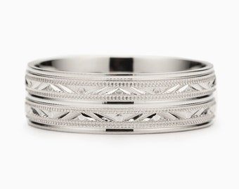 Mens Wedding Band Solid Silver, Carved Wedding Band, Filigree Ring, White Gold Wedding Band