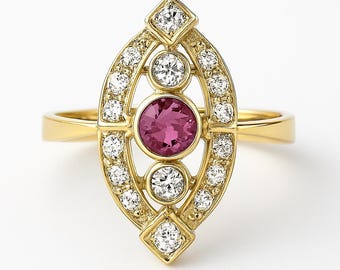 Vintage Diamond and Ruby Ring Gold 10k, Yellow Gold Cocktail Ring, Red Gemstone Vintage Ring, Vintage Jewelry