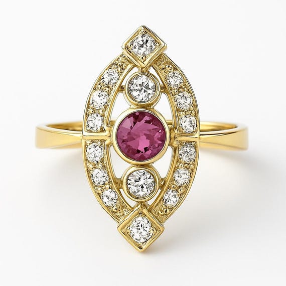Vintage Diamond and Ruby Ring Gold 10k, Yellow Gold Cocktail Ring