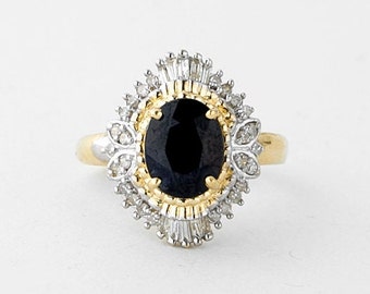 Vintage Sapphire and Diamond Cluster Ring Gold 14k, Yellow Gold Sapphire Ring, Vintage Jewelry