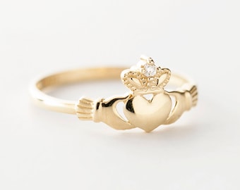 Diamond Claddagh Ring Gold 10k, Small Irish Diamond Ring, Dainty Diamond Ring, Rose Gold, Yellow Gold, White Gold, Stackable