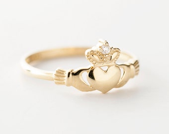 Diamond Claddagh Ring Gold 10k, Small Irish Diamond Ring, Dainty Diamond Ring, Rose Gold, Yellow Gold, White Gold, Stackable