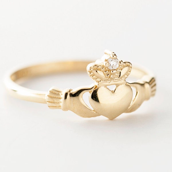 Diamond Claddagh Ring Gold 10k, Small Irish Diamond Ring, Dainty Diamond Ring, Rose Gold, Yellow Gold, White Gold, Stackable