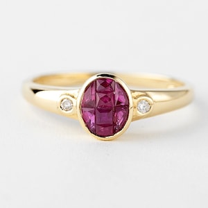 Vintage Diamond and Ruby Ring Gold 14k, Yellow Gold Red Gemstone Ring, Vintage Jewelry