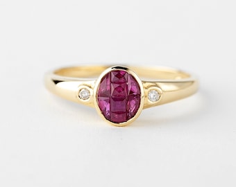 Vintage Diamond and Ruby Ring Gold 14k, Yellow Gold Red Gemstone Ring, Vintage Jewelry