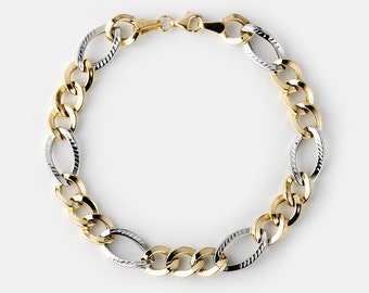 Two Tone Figaro Bracelet Gold 10k, Yellow Gold Wide Bracelet, Ladies Bracelets