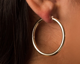 Simple Medium Round Hoop Earrings, Big Earrings, 10k Yellow Gold, 10k White Gold