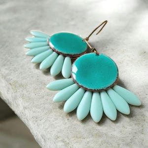 Blue green earrings, flower earrings, enamel earrings, designer earrings, unique gift for women