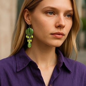 Contemporary earrings, green toned earrings, enameled earrings, designer earrings, unique earrings, women&#39;s gift