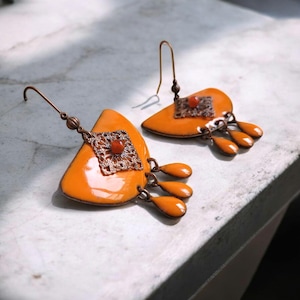 orange earrings, boho earrings, enamel earrings, large earrings, designer earrings, unique gift for women