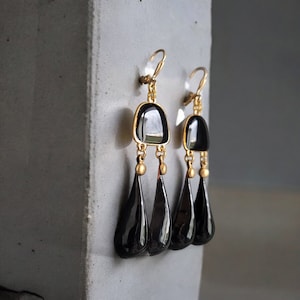 Boucles d'oreilles longues, boucles art deco,boucles d'oreilles noir et or, boucles laiton, boucles créateur, boucles uniques, cadeau femme image 1