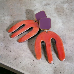 orange and mauve earrings, contemporary earrings, enamel earrings, long earrings, designer earrings, unique gift for women