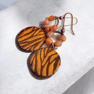 Ethnic orange earrings, patterned earrings, enamel earrings, designer earrings, women&#39;s gift, unique earrings, safari