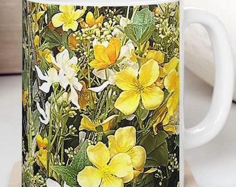 FOR MOM. Yellow Floral Mug Wrap, Botanical Flower Coffee Mug, Spring Garden Mug, Plant Lover Gift, Mothers Day Gift