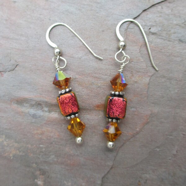 handmade orange dichroic cube earring with yellow Swarovski crystal on sterling silver ear wire