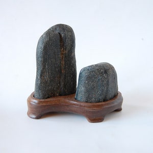 Two-stone Suiseki Coastal Rocks, natural viewing stones with hand carved wooden base, original art, home décor, rock display