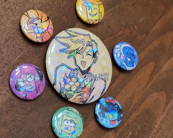 Deltarune chapter 5 Button Pins – 1 Inch and 2 Holographic Pin Set – Flowery heart, Seth, aqua, green